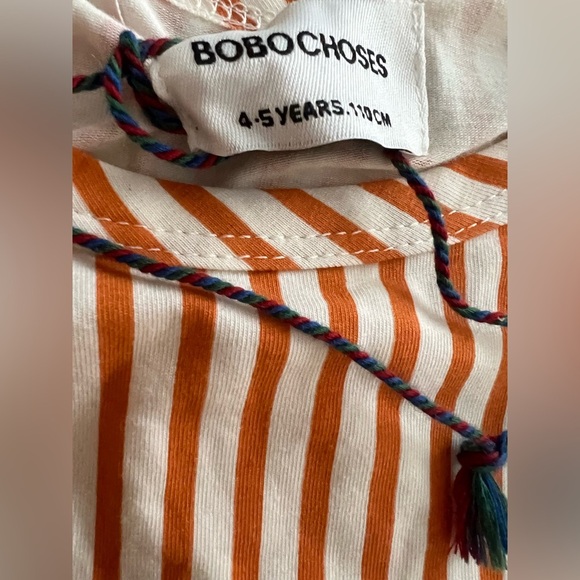 Bobo Choses, Girl’s Orange Vertical Stripes Ruffle Sleeves Dress - Picture 8 of 9